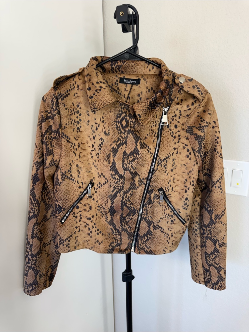 Boohoo Tan Snake-Print Biker Jacket